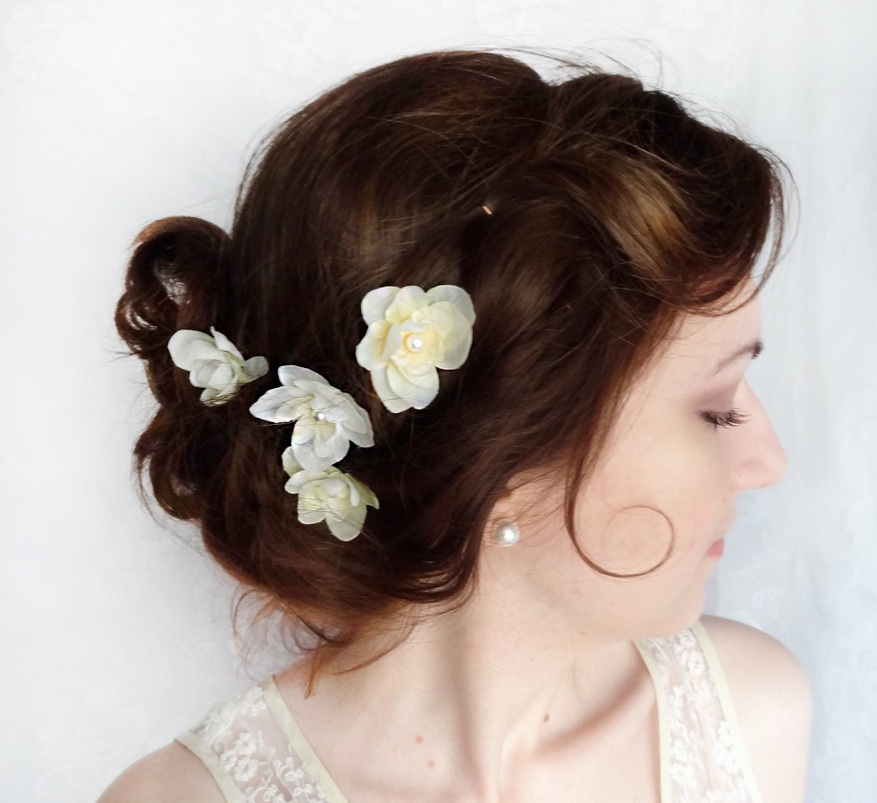 ivory flower hair pins, cream flower, bridal hair accessories, hair accessory - DEWDROPS - hair clip, bridesmaid, flower girl, pearls