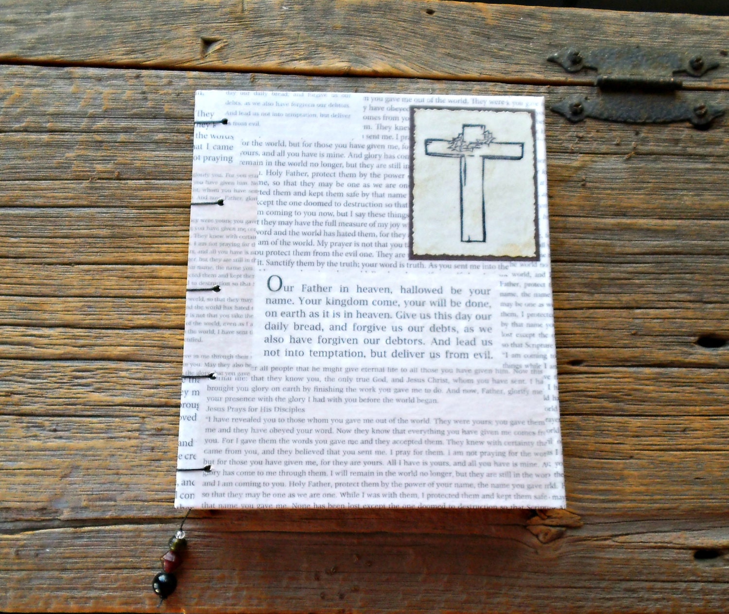 Blank Handmade Coptic Stitch Prayer Journal Scripture Paper With Handcarved Stamp Image of The Cross