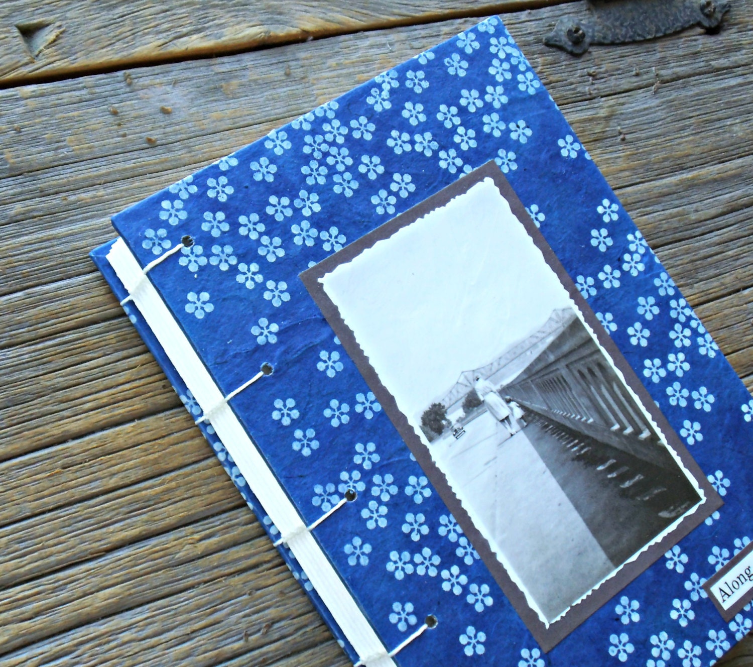 Medium Blank Hard Cover Blue Flowers Journal Coptic Stitch Book With Vintage Photo