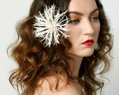 Bridal feather headpiece, Ivory star feather pom