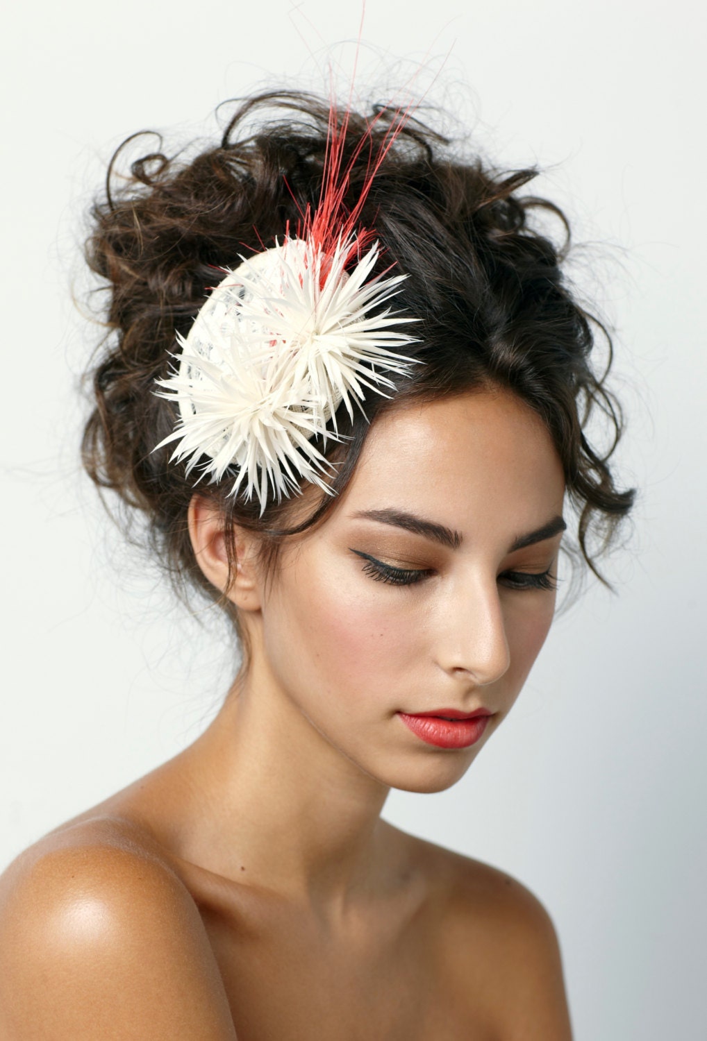 Bridal headpiece, Ivory mini hat with lace, feather poms and Coral peacock