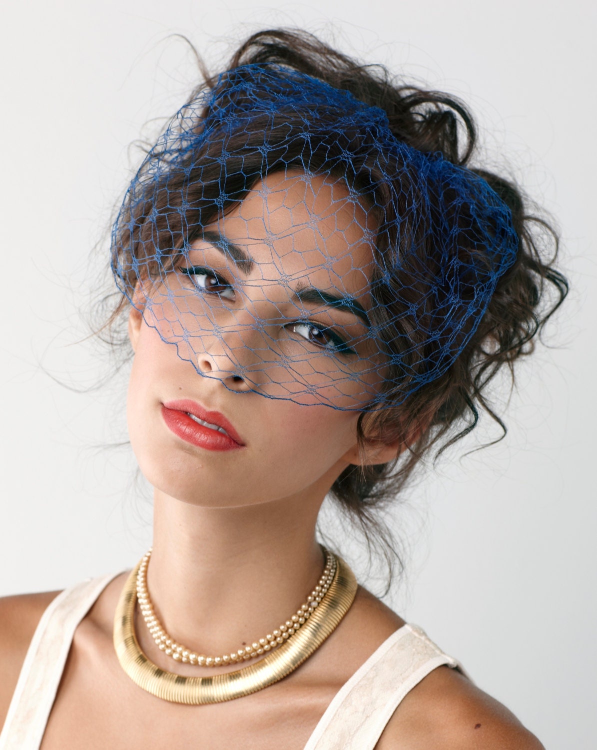 Bridal Silk Blusher Veil, rare antique blue honeycomb pattern