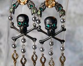 Steampunk Skull Earrings - Black Skull and Crossbones with Emerald Green Swarovski Crystals Flowers and Steampunk Charms