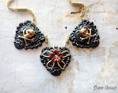 Dread Pirate Dahlia Necklace - Steampunk Skull and Crossbones with Red and Gold Enamel Flowers