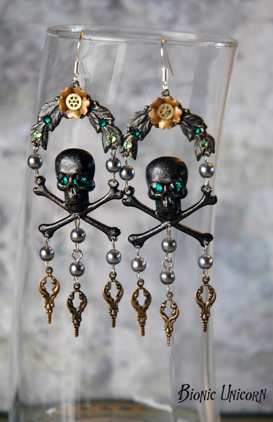 Steampunk Skull Earrings - Black Skull and Crossbones with Emerald Green Swarovski Crystals Flowers and Steampunk Charms