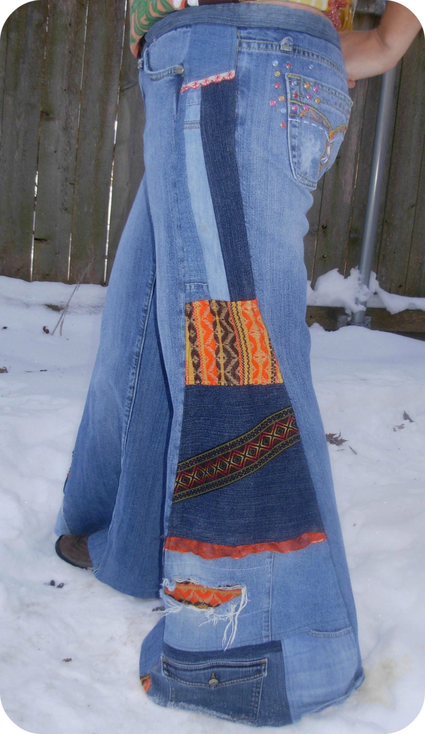PEACE  Born Again Jeans Hippie Patchwork Mega Flare One of a Kind Jeans