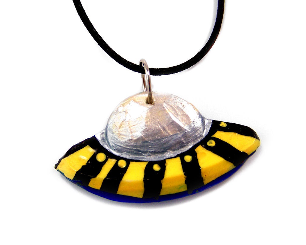Striped Yellow & Black UFO Pendant, Hand Painted Resin Flying Saucer Necklace