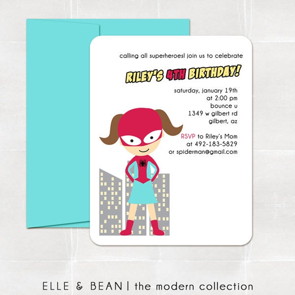 spidey girl party collection. birthday invitation. printed and handmade. Il_570xn