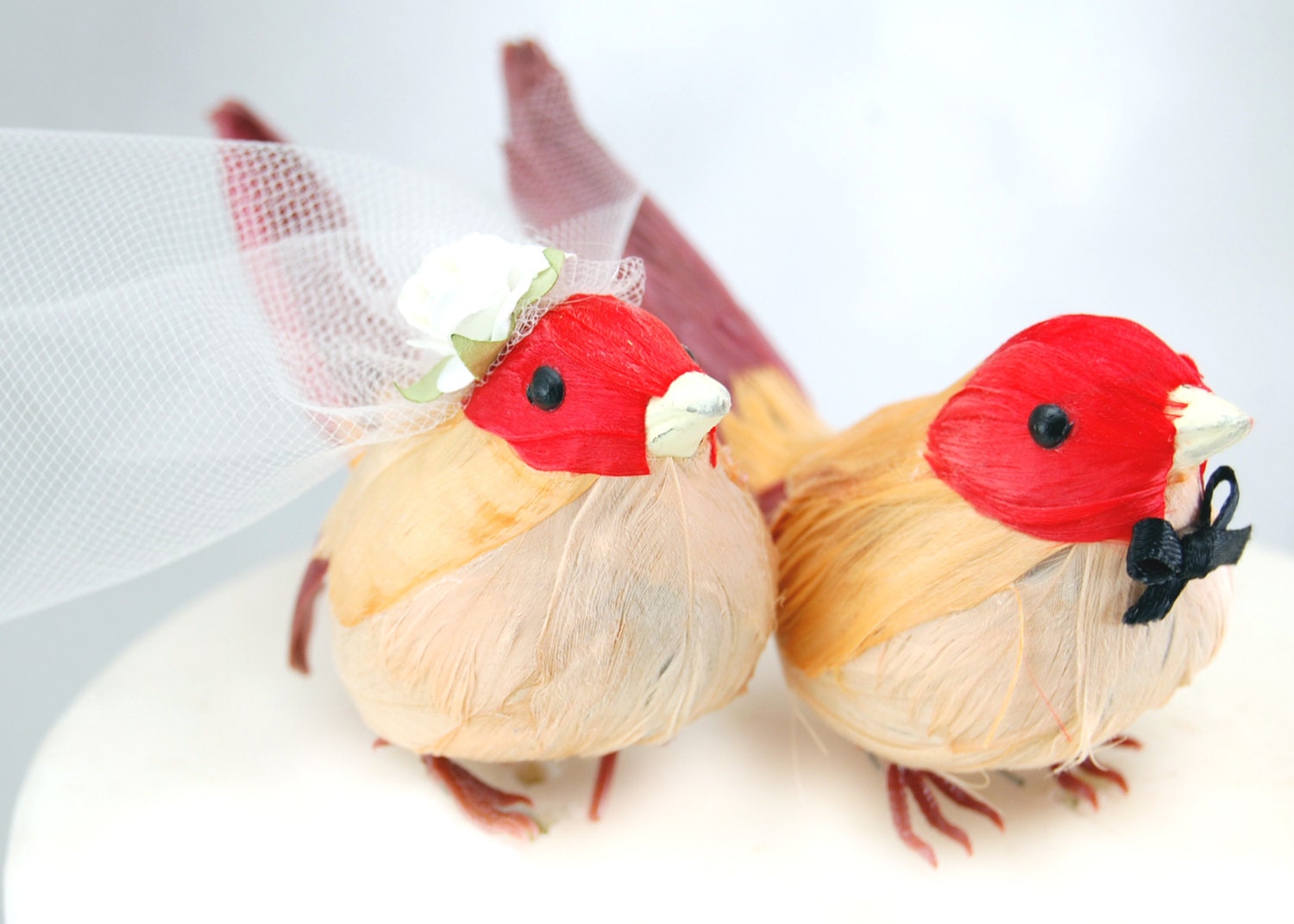 NEW and ON SALE - Ravishing Robins Wedding Cake Topper: Love Bird Bride & Groom in Ruby Red, Pale Orange and Violet