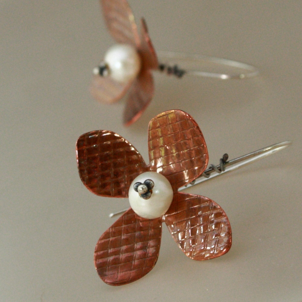 Copper Flower Earrings with Pearls