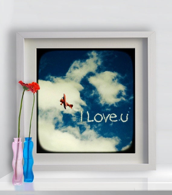 Original fine art ttv photograph on canvas vintage colors FLY I love U romantic mixed media blue gold tones cloudy letters   Wall Decor