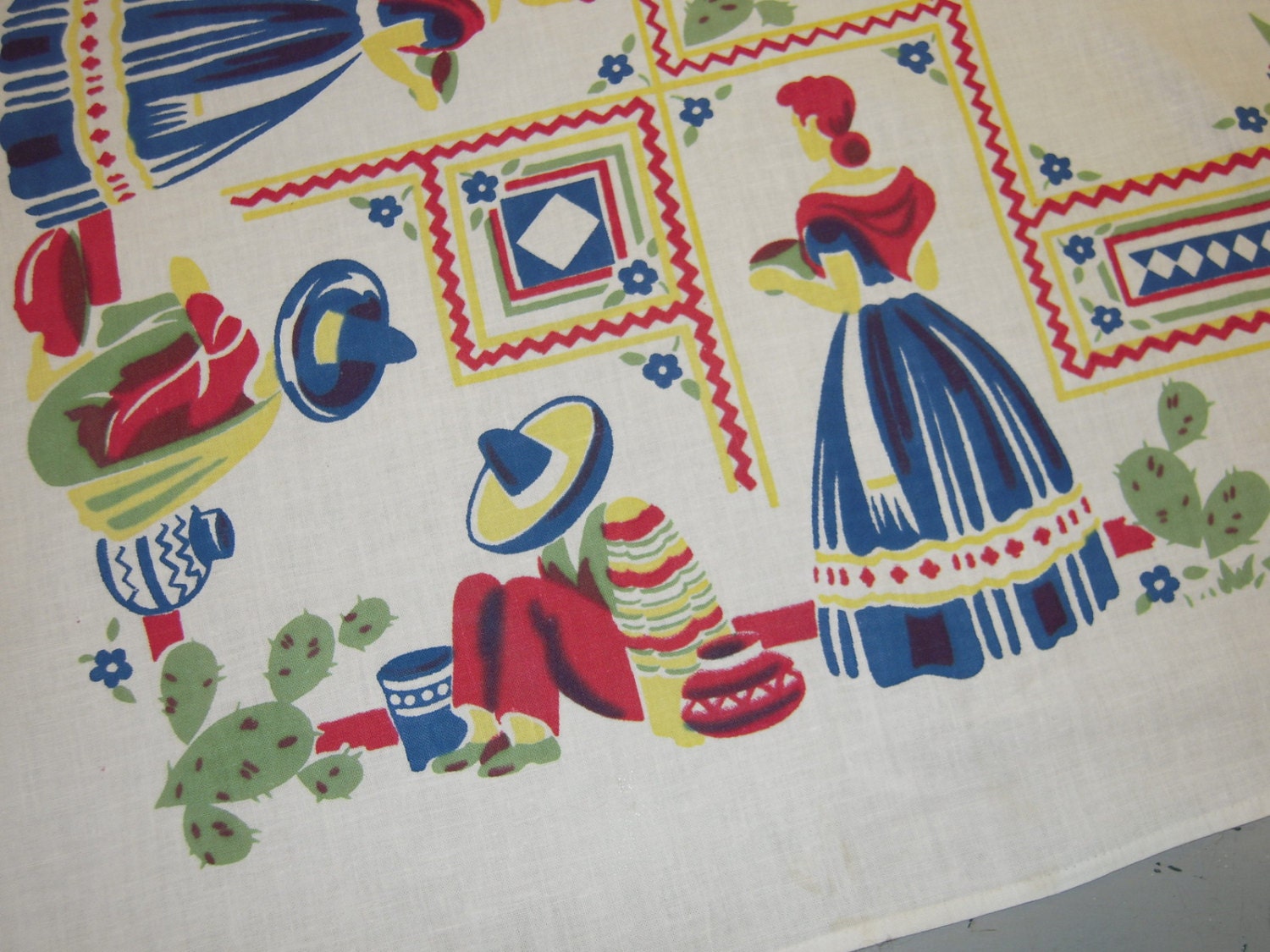 Vintage Mexican Tablecloth Senoritas & Rick Rack