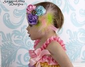 Pastel Rosette Baby Headband - Newborn Baby Flower Headband - Toddler/Girl Feather Headband - Pagent/Photo Prop - Spring/Easter Headband