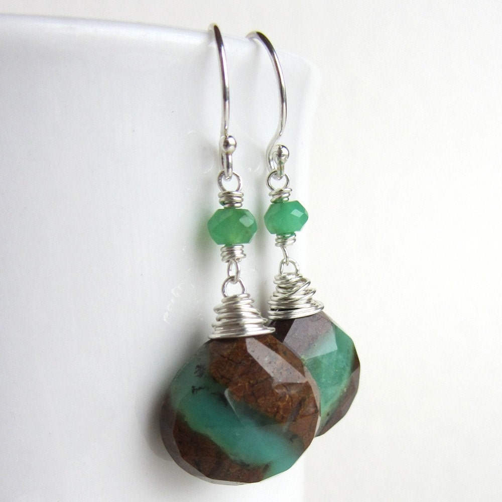 Green and Brown Chrysoprase Earrings with Small Green Chrysoprase Stone