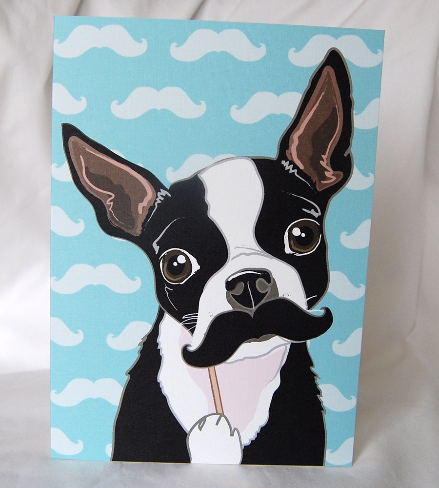 Mustache Boston Terrier Greeting Card