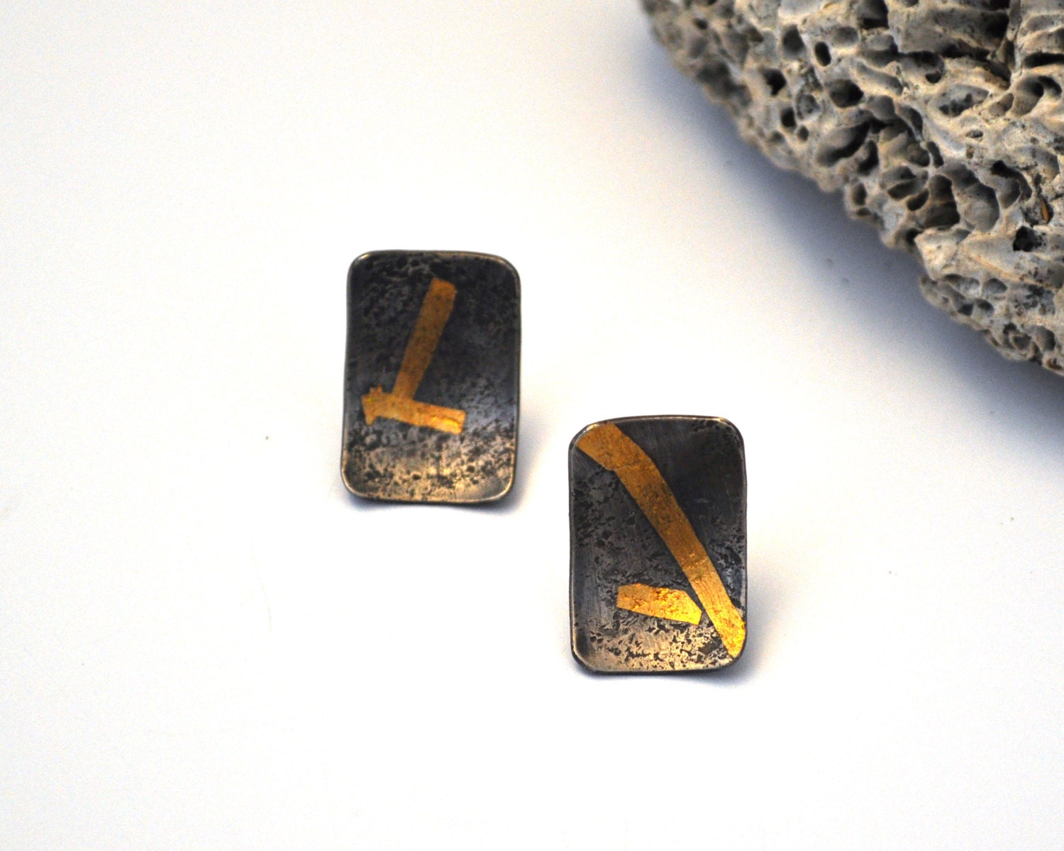 Silver and Gold Textured Earrings with Kuem Boo, Rectangular Studs, Silver Earrings, Gold Earrings, Silver Studs
