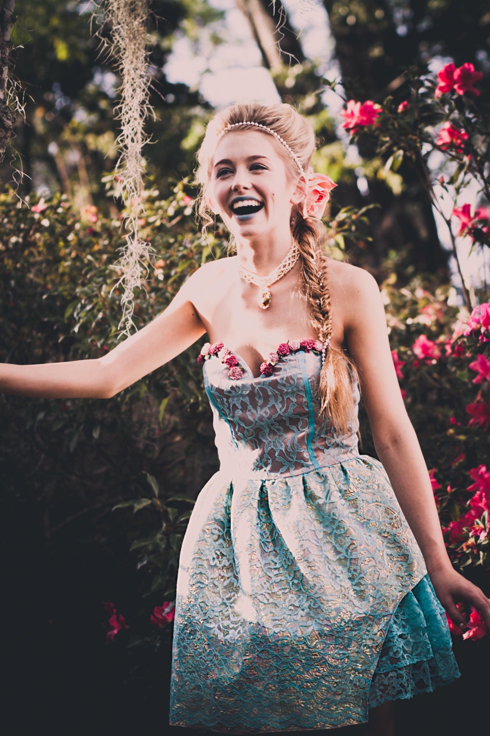 Marie Antoinette Inspired Bridesmaid Dress-Strapless Bustier Lace Dress-Mauve and Blue