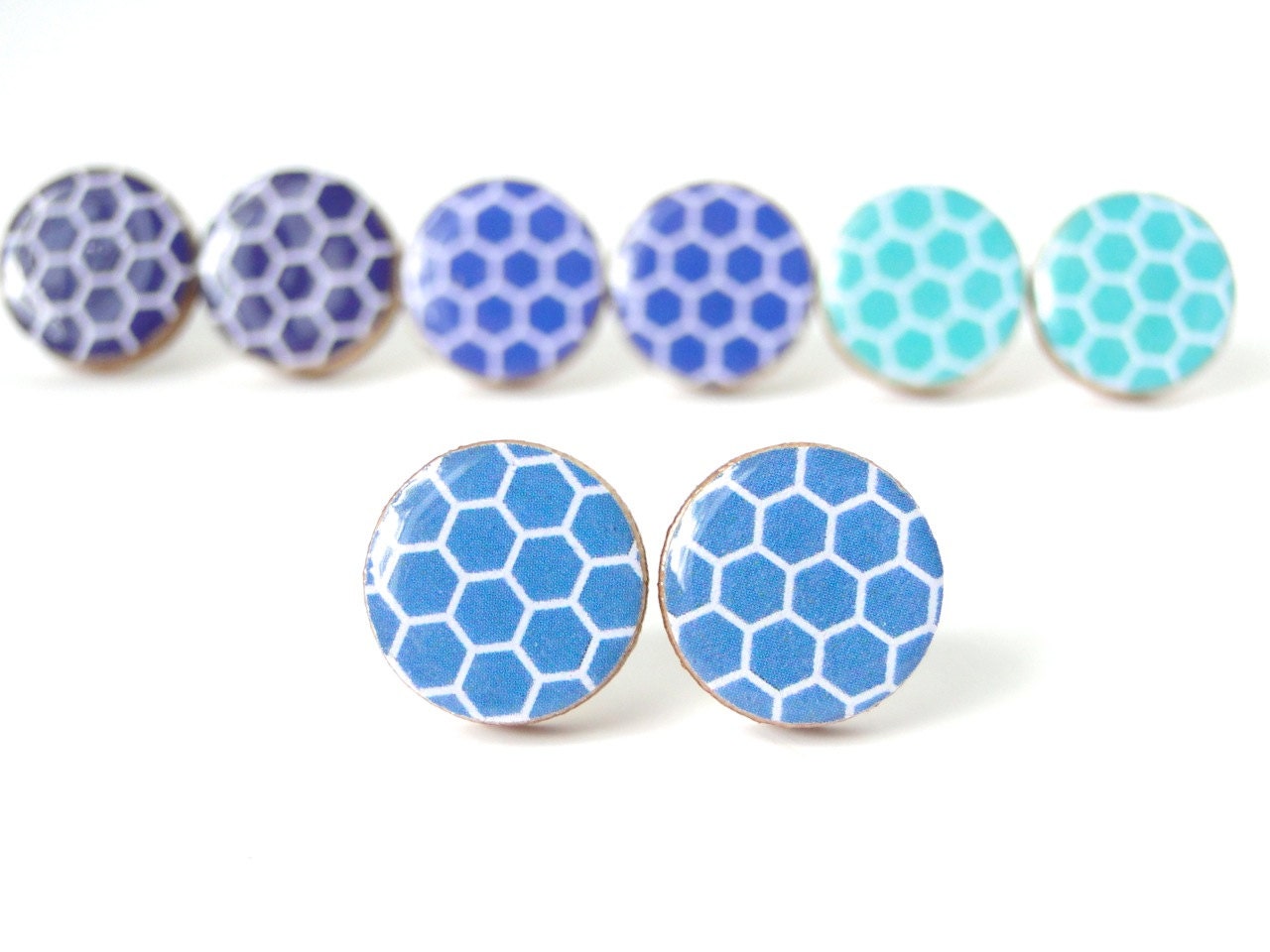 Denim Blue Earrings, Studs, Blue HOneycomb Earrings, Geometric Earrings, Bridesmaids, Birthday, Mothers day, Gift under 10