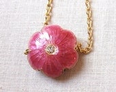 Pink Flower Necklace - Cloisonne Flower Charm - Tropical Flower Necklace