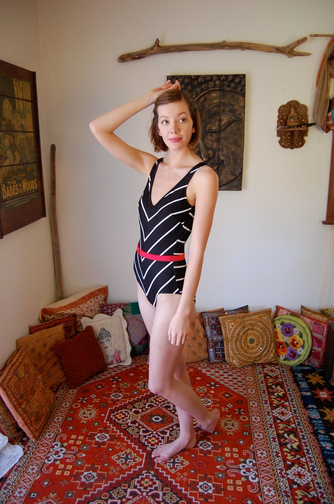 Chevron Stripe Swimsuit Vintage Black and White Chevron Striped One Piece Swimsuit (s m)