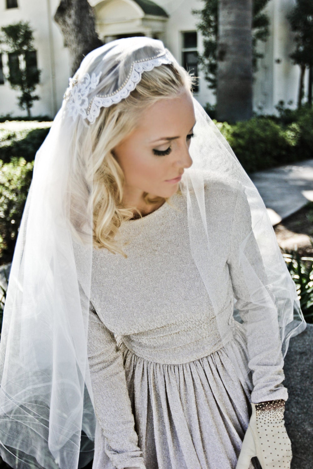 Lace Juliet Bridal Cap Wedding Veil, Alencon Lace Rhinestone Scallop, Fingertip, Waltz, Chapel, Cathedral, Style: Dolly Bridal Cap