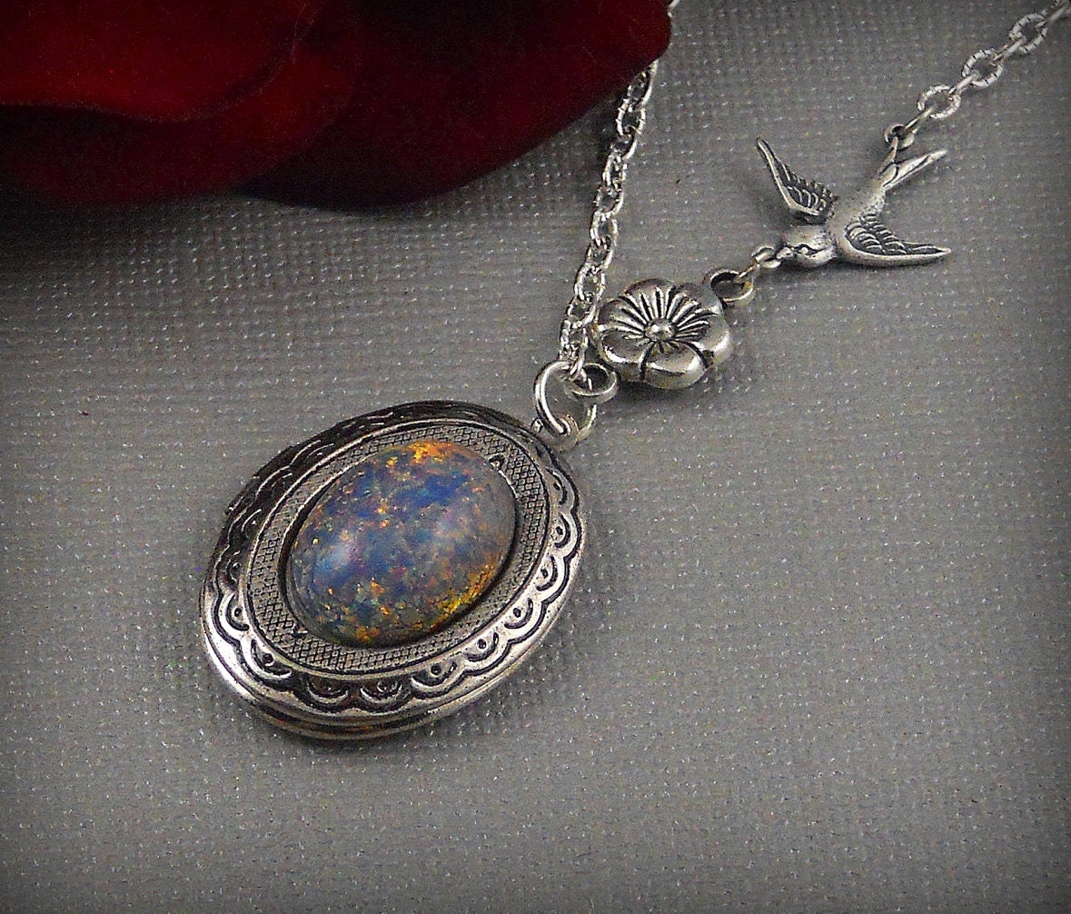 Blue Opal, Silver Sparrow Locket, Bird Swallow Sparrow, Floral Flower Pendant Locket-  Alexandrina