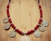 Bohemian Tribal Coin Pendant Necklace Red Coral Beads