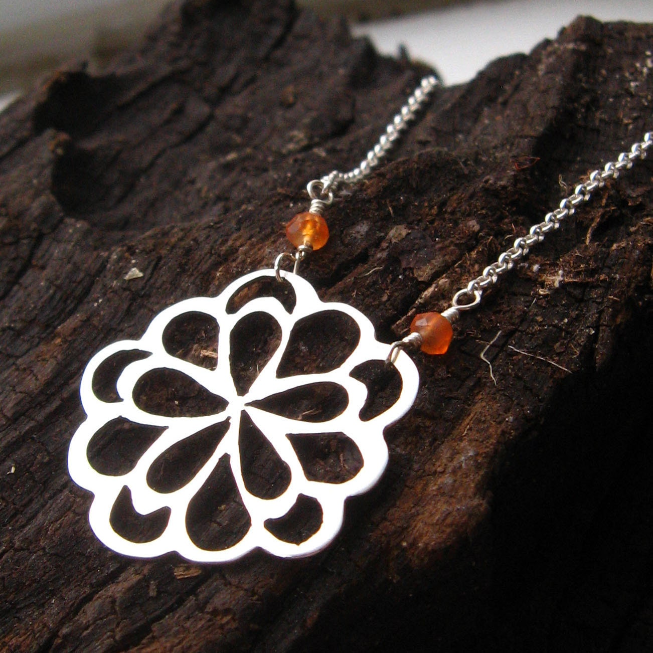 Sterling Silver Blooming Peony Flower Pendant Necklace with Carnelian Accent Rondelles - Ready to Ship
