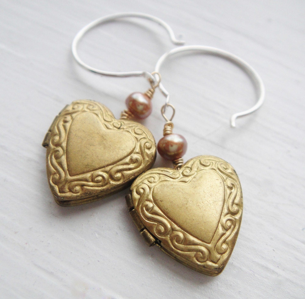 Lil' Locket Sweetheart Earrings in Vintage Brass and Sterling - Circa Series