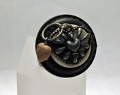 Wire-wrapped Ring - Steampunk Heart Button Bead Ring with Dangle - Size 9