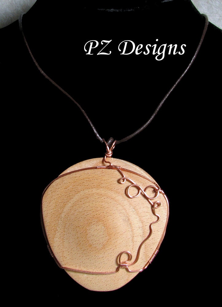 Beech Wood Pendant on Leather Cord, Large (2 inches), Turned on Lathe, Wire Wrapped