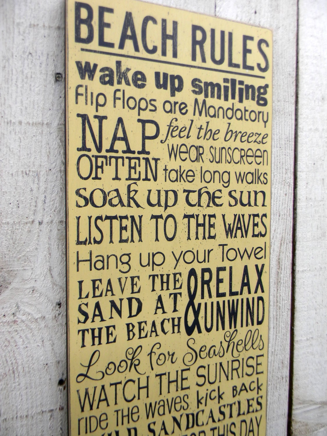 Beach Rules typography word art subway distressed wood sign