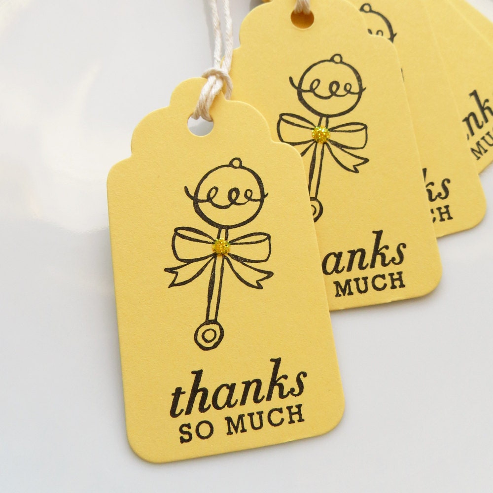 Baby Shower Tags Rattle with Yellow Glitter - Set of 6 - Custom Colors Available - Baby Shower Thanks so Much Favor Tags Il_170x135