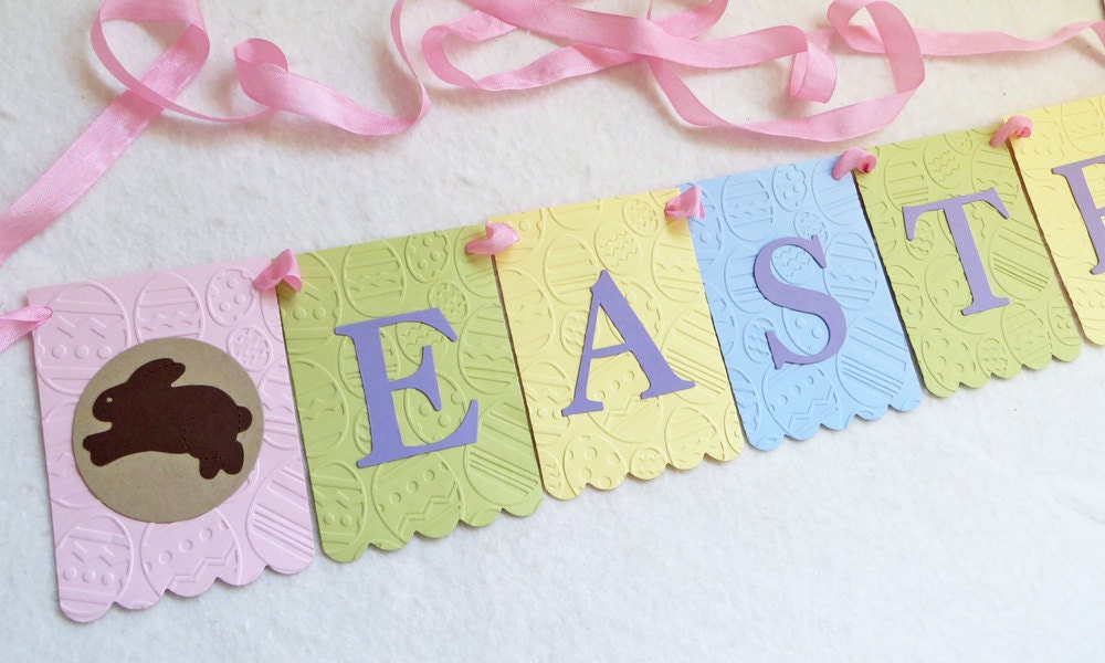Easter Banner with Bunny - Embossed Easter Eggs - READY TO SHIP - Easter Home Decor Easter Bunny Garland Il_170x135