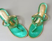 vintage 1960s sandals /gold chain green patent leather GOGO heels/ avant garde collectors art shoes size 6 1/2