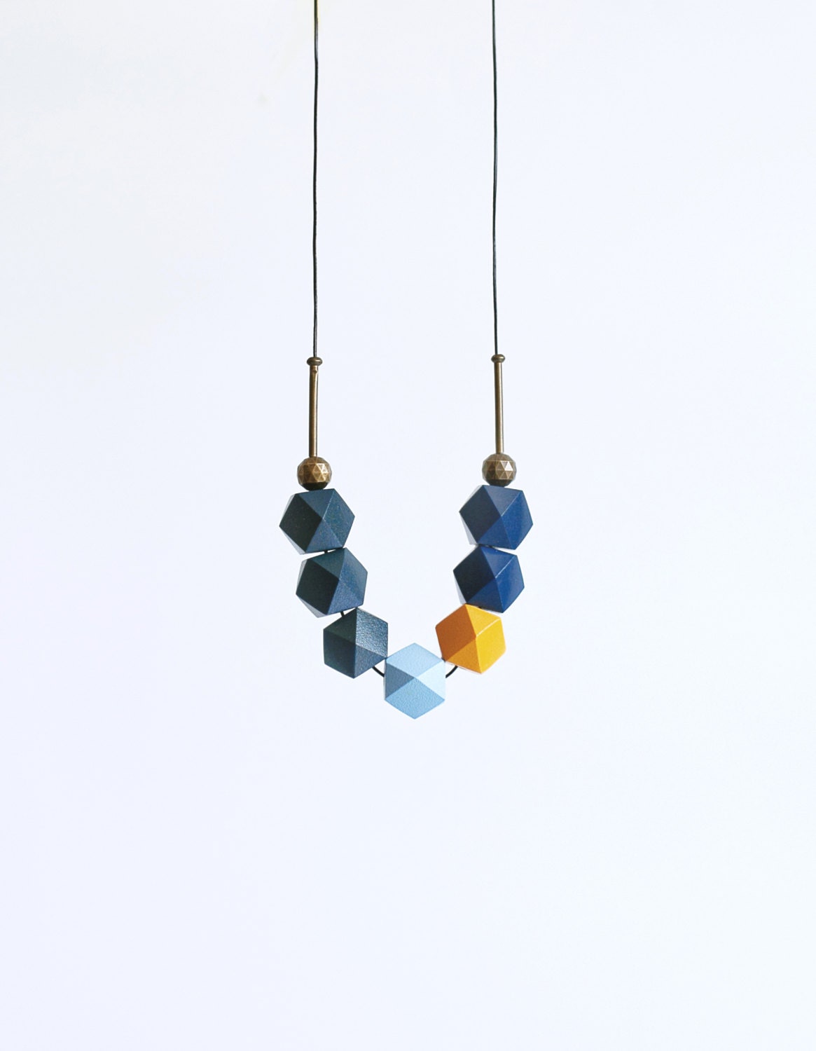 Geometric Jewelry / Geometric Necklace / Wooden Necklace/ Navy Blue Dark Moss Light Blue Mustard Brass Necklace