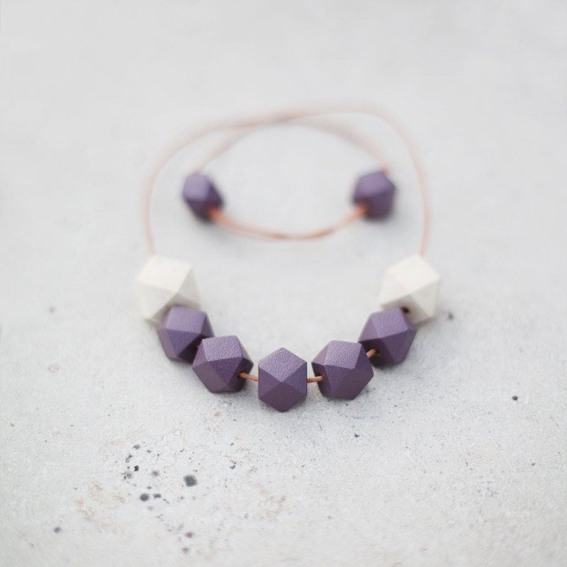 Geometric Necklace / Geometric Jewelry / Wooden Necklace/  Beige Wood PurpleNecklace