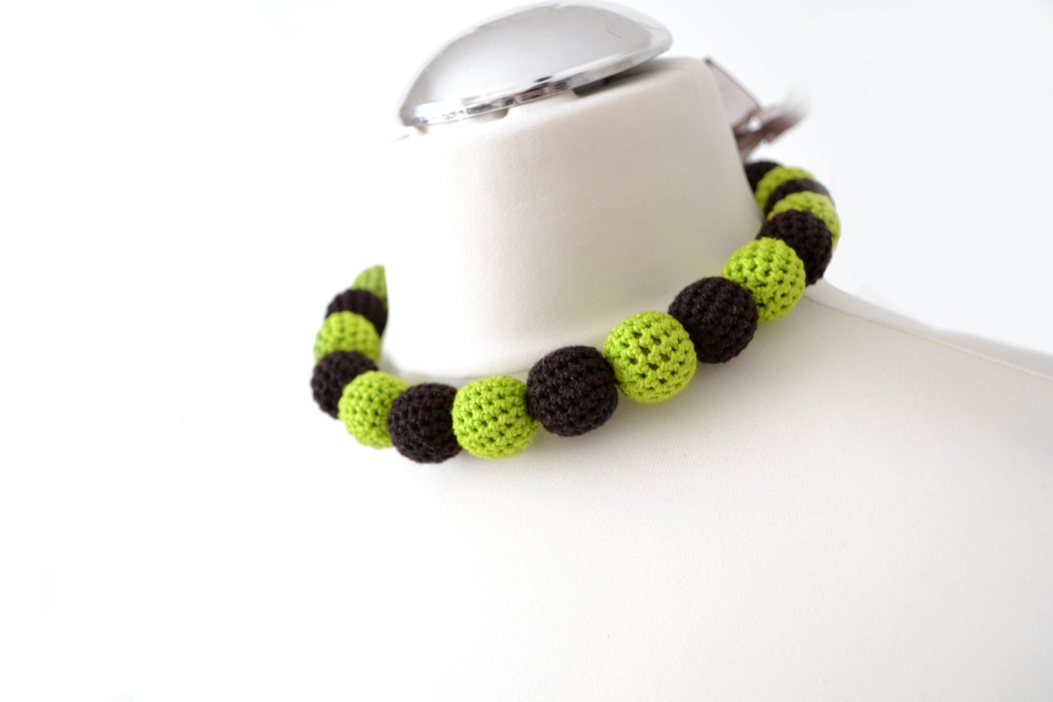 apple green and chocolate brown textile crochet bead necklace, nursing necklace, boho style, with organza band, gift for her