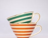 Striped Art Deco coffee cups, green and brown striped classy cups