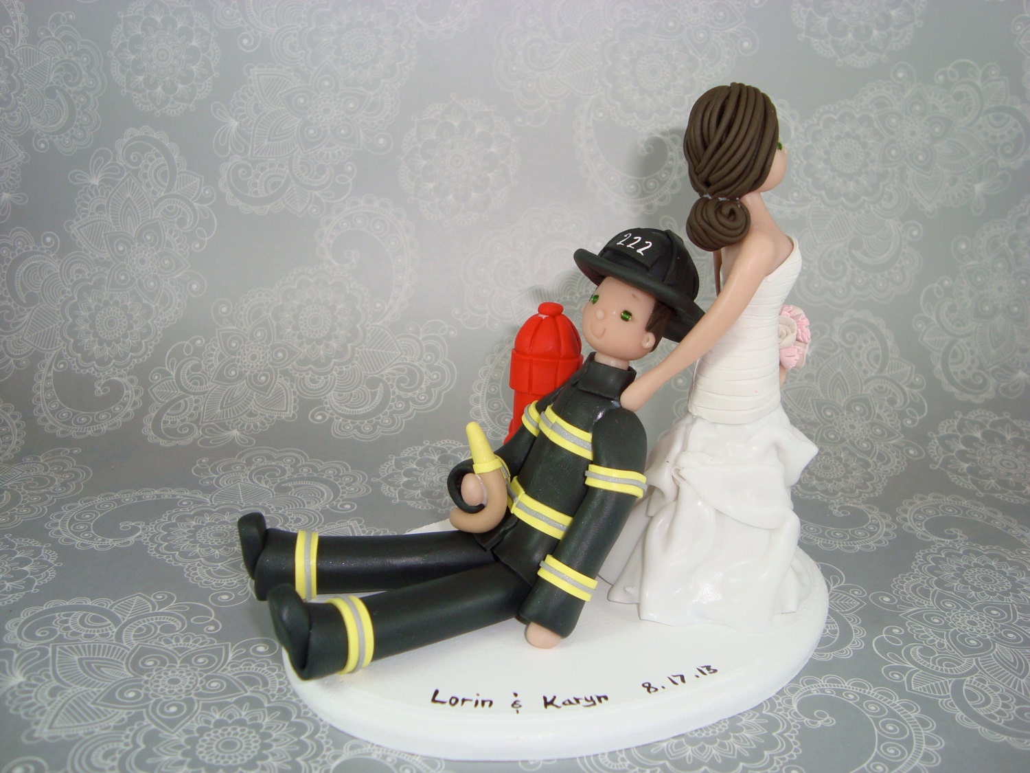 Bride Dragging Groom Custom Firefighter Cake Topper
