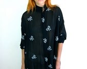 Sheer Black Bow Patterned 80's Shirt Dress