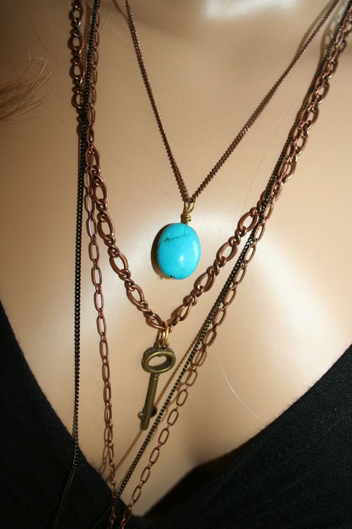 Copper chain long necklace Turquoise Heart and Key charms-multichain necklace-Love-Key to my heart