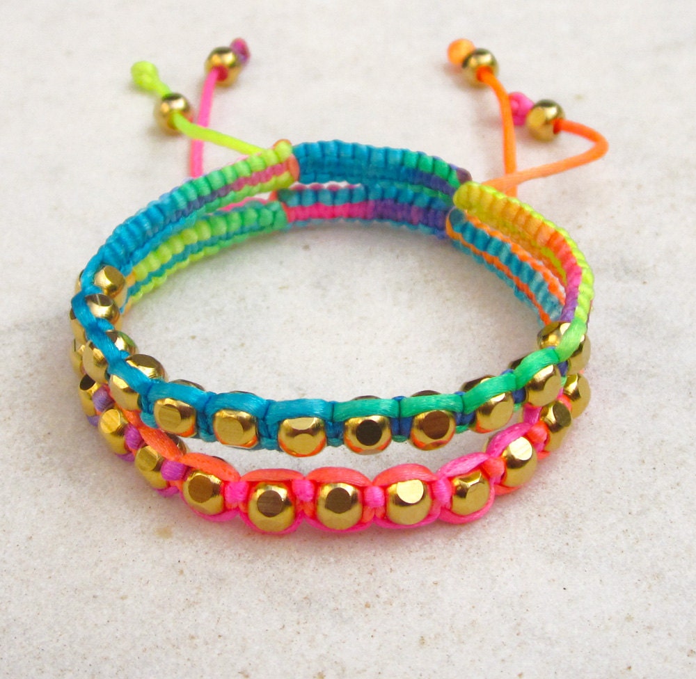 Rainbow friendship bracelet SET neon bracelets macrame gold beads stack bracelet beaded