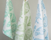 Butterfly hand printed in robins egg, celery green or sky blue on white linen tea towel set of three 16 x 27