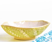sculptural Ceramic Bowl Textured Lace Serving Bowl in Gray and Chartreuse handmade stoneware