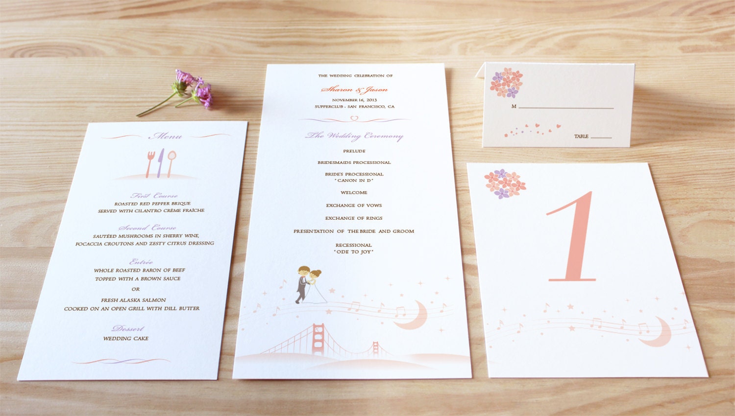 San Francisco Customized Character Wedding Reception Package of 50 (FREE Table Number Cards) - Wedding on the Fog