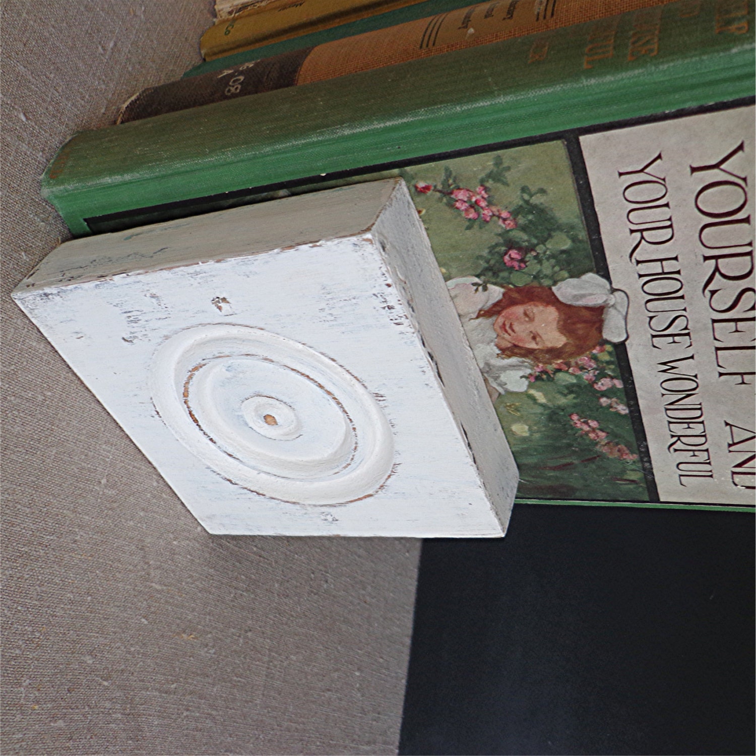 One Vintage Wooden Bookend White Distressed