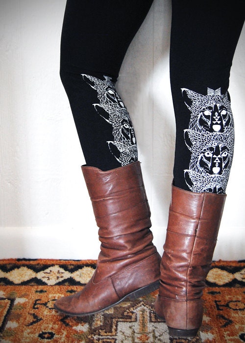 Wolf Totem Leggings - Womens Black Jersey Spandex High Waisted wolf wolves Leggings Legging - White and Black