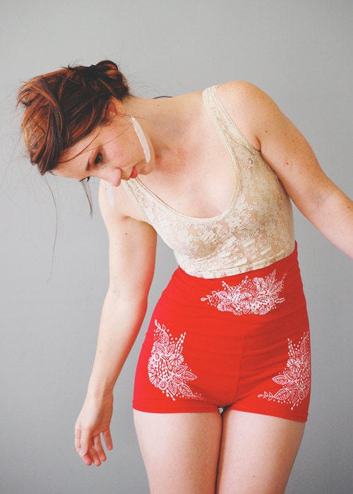 Sabina - Ultra High Waisted Jersey Boho Shorts - in lipstick red - By Bark Decor - Floral Red Pinup Jersey Spandex Shorts