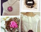 Irene Brooch Pendant Necklace. Brown and pink beaded fabric flower pin on long chain handmade by Cardinal House in Atlanta.